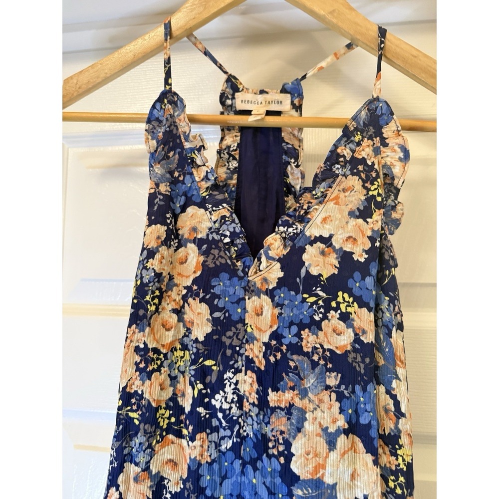 Rebecca Taylor Dress Womens 0 Blue Floral Silk Halter Ruffle Racerback Mini - Picture 4 of 9